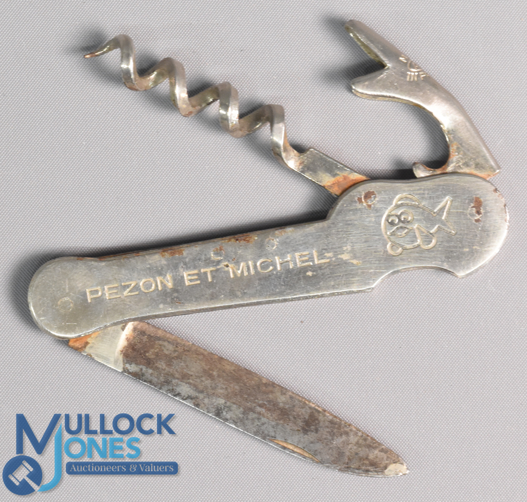 Rare Pezon Et Michel angler's knife 3 ½" length with folding blade and corkscrew, side plate with