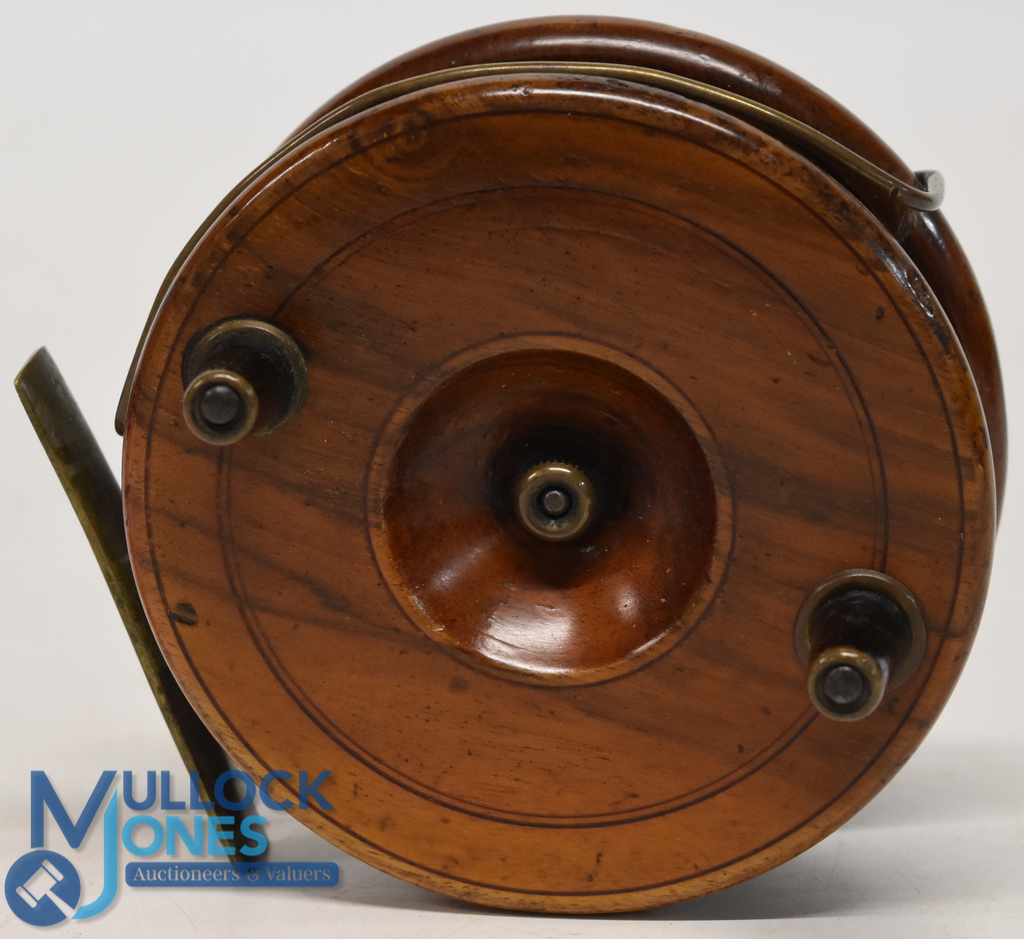 Rare D Slater Maker, Newark 4 ½" mahogany/brass spine back reel, Slater oval logo alongside foot,