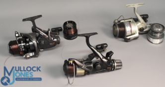 3x Spinning reels - incl Shimano Aero 5000RE Baitrunner with folding handle, rear drag, a Daiwa