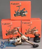 3x Dragon Match Falcon 3 spinning reels rear drag, with spare spools - all new in boxes