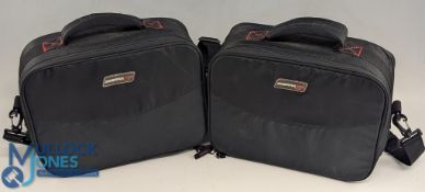 Two Scierra Reel Storage Bags, black fabric with with shoulder strap and sectioned adjustable