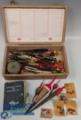 Fishing Tackle Wooden Box with contents of hard cork floats, various floats and float rubber
