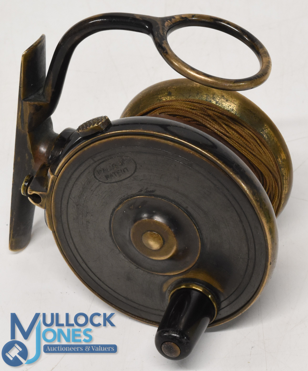 Mallochs Patent all brass side casting reel, size 2 5/8" with 2 1/8" reversable spool, horn