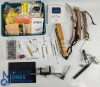 Collection of fly tying material by Veniard and others, quality table fly tying vice, Sunrise