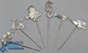 A 999 fine silver set of 6 Fishing Fish Sealife Olive Picks by James Suddaby. Each with Birmingham