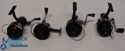 4x vintage Mitchell reels: a 440A Match, black finish with red gasket and screw fold handle, a