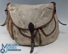 Period Brady Fishing Creel - with a canvas and wicker frame, good leather strapping, having a