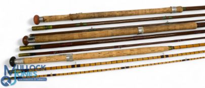 A collection of unnamed and named salmon fly rods, all with cloth bags: 14ft 3pc glass salmon rod,