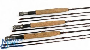 Three unnamed carbon trout fly rods 7ft 3pc line 4/5# (?) alloy uplocking reel seat, lined stripping