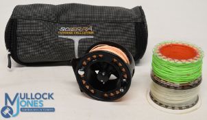 Scierra 5/6 large arbor trout fly reel, wide spool, rear drag adjuster, fine condition, with 2 spare