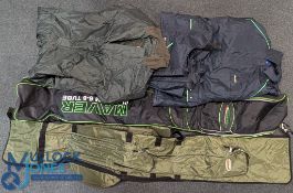 2x Fishing Rod & Tube Storage Travel Bags, plus a waterproof lined fishing jacket and trousers,