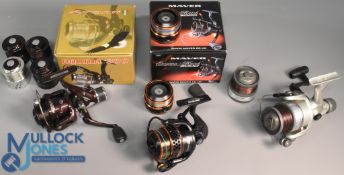 3x Spinning reels - incl an Avanti Aquila 300 folding handle, 4x spare spools in maker's card box, a