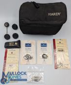 Hardy Fishing Accessories: 3 Hardy cog covers, Hardy zinger, Hardy sharpening stone in leather