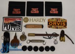 A large collection of fishing accessories, as follows: 6x Hardy spool cog covers (hard to find).