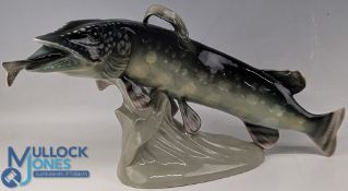 Royal Dux Model of a Pike with fish in its mouth - 820-27 mark to base, 51cm wide, in good