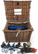 Vintage Wicker Fishing Seat/Box with contents of lead weights, a good selection of floats and 2x Abu