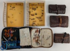 Collection of Fly fishing wallets and flies incl 3x antique leather wallets with parchment and