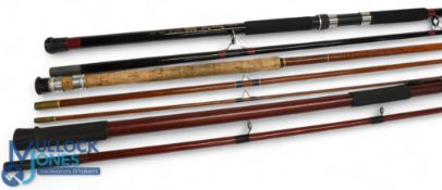 Fibreglass 9ft 6in 2pc uptide casting rod with line guides and screw reel fitting, 1x guide on tip