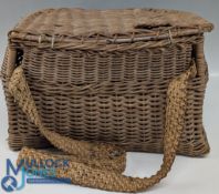 Period Wicker Fishing Creel, having new nylon line to hinges, missing its original shoulder strap,