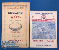 1939 England v Wales Rugby Programmes (2): Last meeting before WW2, good condition and comes with