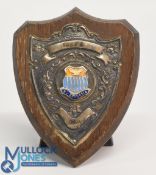 1956 South African Tour official gift to Ted Burgin in the form of a shield, hardwood base with a