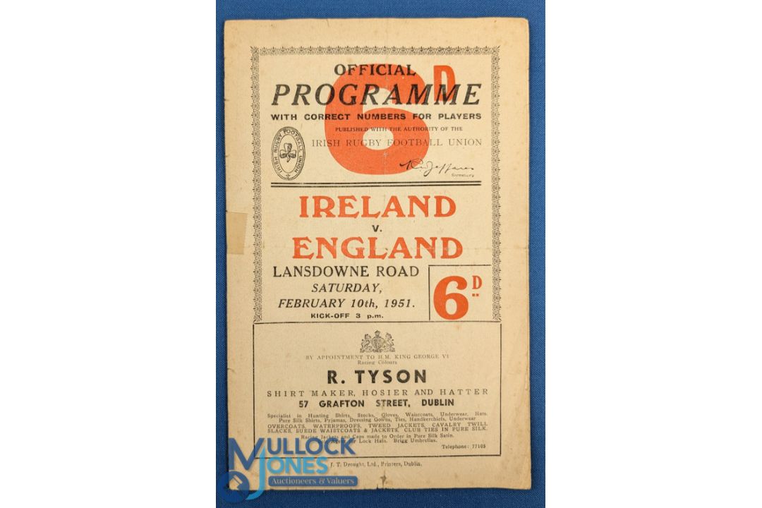 1951 Ireland v England Rugby Programme: From an Irish Championship year, played at Dublin, a
