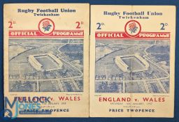 1937 & 39 England v Wales Rugby Programmes: The traditional Twickers 4pp cards, the latter the final