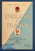 1955 England v France Rugby Programme: Another in the run of diagonal two-tone coloured covers in