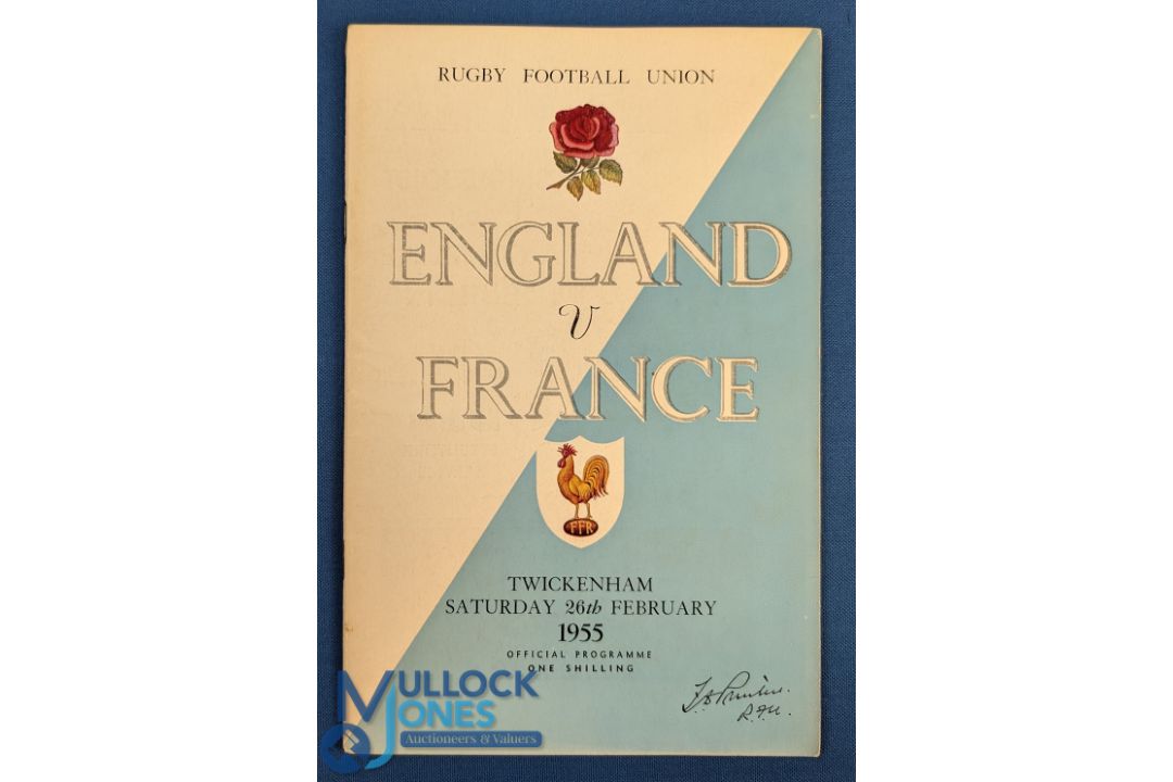 1955 England v France Rugby Programme: Another in the run of diagonal two-tone coloured covers in
