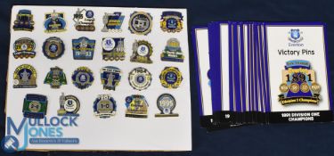 23x Everton Football Danbury Mint Victory Metal Enamel Pin Badges, with 23 victory cards