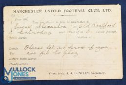 Pre-WW1 Manchester United Football Club Ltd. Player selection card for the match at Old Trafford v