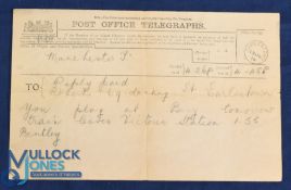 Pre-WW1 Manchester United Football Club Ltd Post Office telegraph to R. Roberts: you are selected to