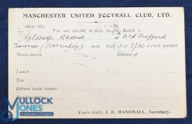 Pre-WW1 Manchester United Football Club Ltd player selection card for match at Old Trafford v