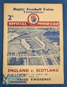 1936 England v Scotland Rugby Programme: A little grubby to the centre team pages, otherwise good