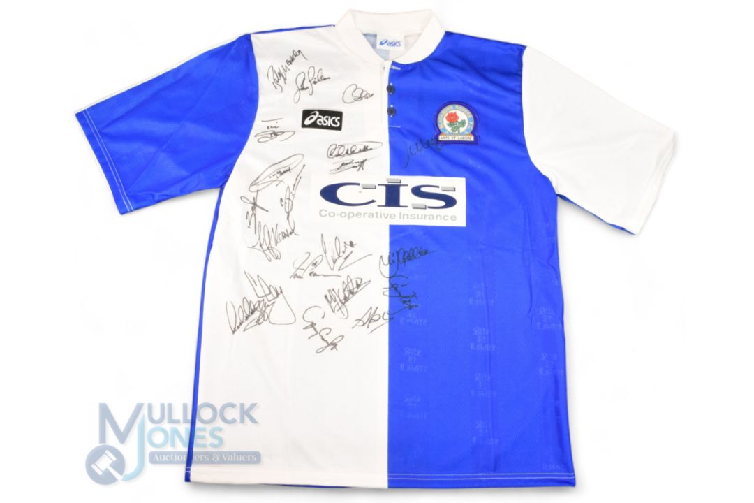 1997/98 Blackburn Rovers Multi-Signed home football shirt in blue and white, Asics/CIS, size L,