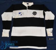 Early 1990s, Mickey Skinner's Match worn Barbarians Rugby Jersey: Famous b/w hoops, club & Sponsors'