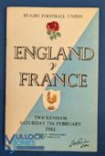 1961 England v France Rugby Programme: Standard England example. G/VG