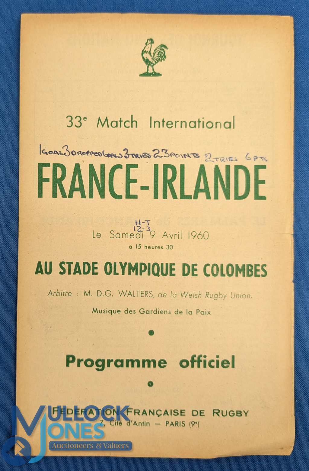 Scarce 1960 France v Ireland Rugby Programme: Last of the 4pp French Flimsies'. Scores to cover. G/