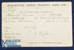 Pre-WW1 Manchester United Football Club Ltd player selection card for the away match at Barnsley