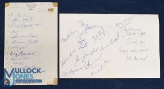 1962 Springboks' Rugby Autographs (2): One set on hotel headed paper, one set on a farewell card