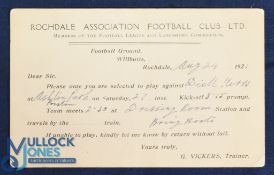 1921 Rochdale AFC Ltd player selection card for the away match v Dick Kerrs FC at Ashton Park,