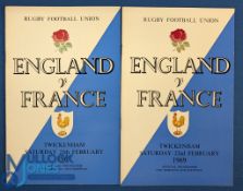 1967 & 1969 England v France Rugby Programmes (2): Crisp clean Twickenham editions. G/VG