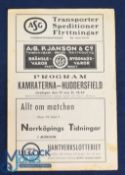 1953/54 Kamraterna Norrkoping v Huddersfield Town tour match programme 13 May, 4 pager, slight