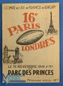 Scarce 1946 Paris v London Rugby Programme: First post-WW2, and the 16th meeting overall, of the two