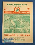 1939 England v Ireland Rugby Programme: Last clash before WW2, and a Twickers issue in VG condition