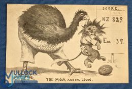1905 NZ Rugby Postcard: Famous b/w image from Down Under, poking fun at the British 'Lion' being