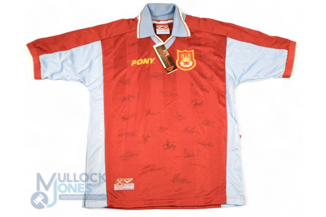 1997/98 West Ham United Multi-Signed home football shirt in claret and blue, Pony, short sleeve, - Image 1 of 2