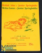 Scarce 1962 British & Irish Lions Rugby Programme: v Junior Springboks at Pretoria, fine bright