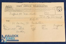 Pre-WW1 Manchester United Football Club Ltd Post Office telegraph to R Roberts: you are selected