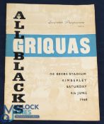 1960 Griquas v NZ All Blacks Rugby Programme: A lot of effort, inc a coloured insert, went into this